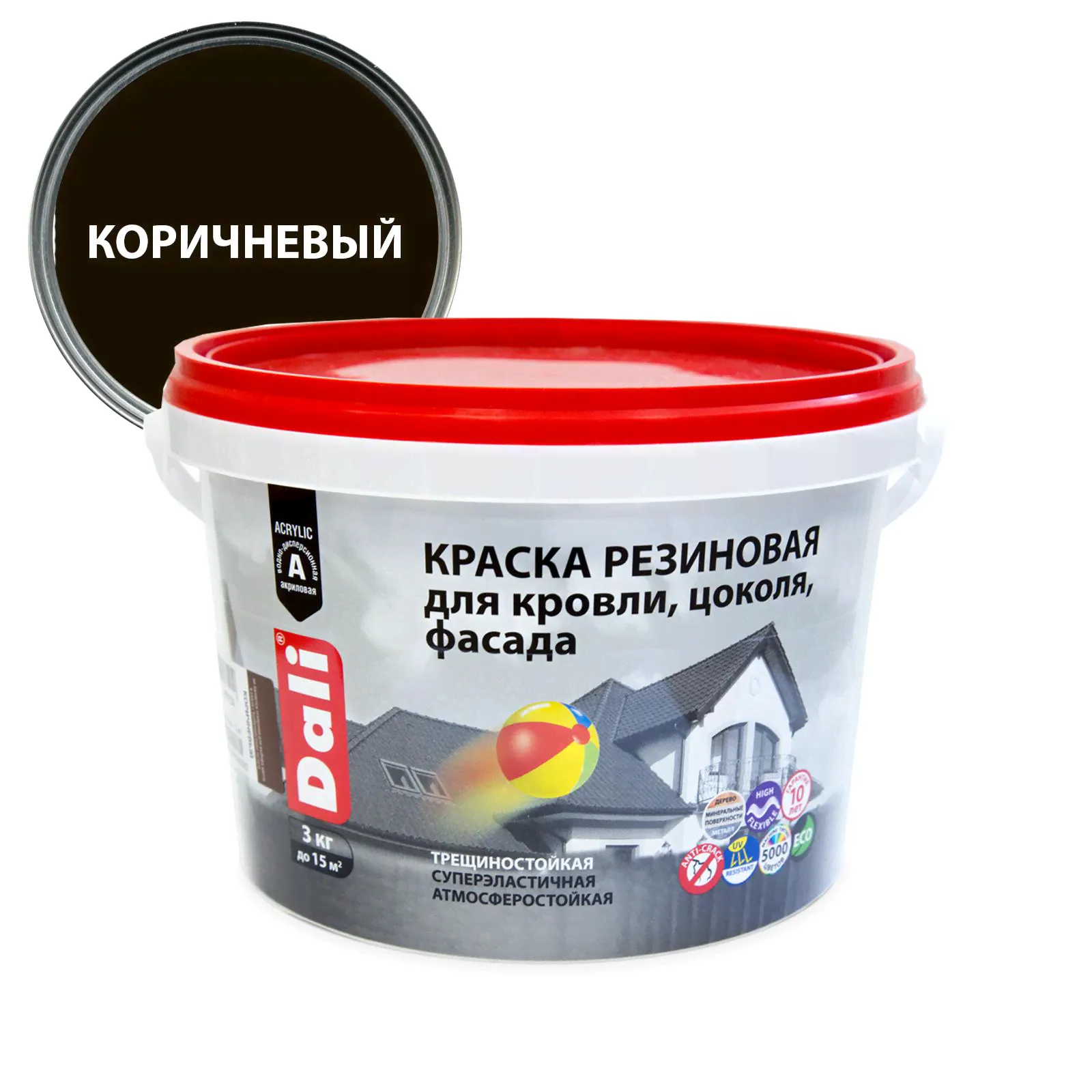 Краска резиновая DALI для кровли, цоколя, фасада, резиновая коричневая, 3кг